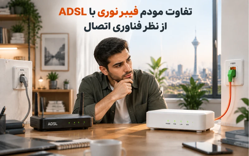 تفاوت مودم فیبر نوری و ADSL؛ کدام بهتر است؟ تفاوت مودم فیبر نوری با ADSL از نظر فناوری اتصال